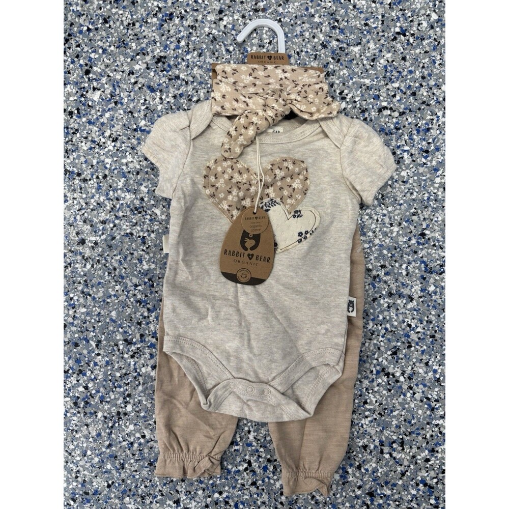 Rabbit + Bear Organic Cotton 3-piece Baby Outfit Short-sleeve Neutral Size 3/6 M